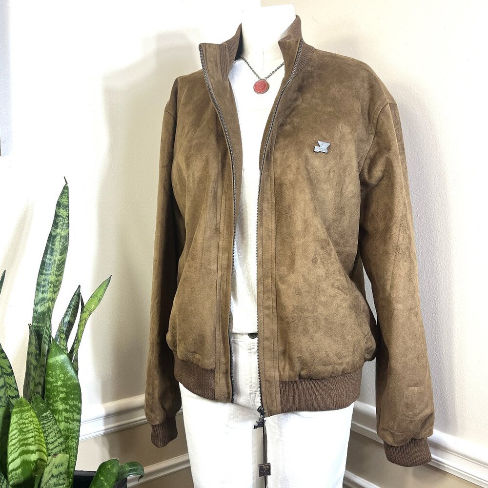 NWT Emporio Collezione Brown Faux Suede Bomber Jacket Quilted Lining Italy Made